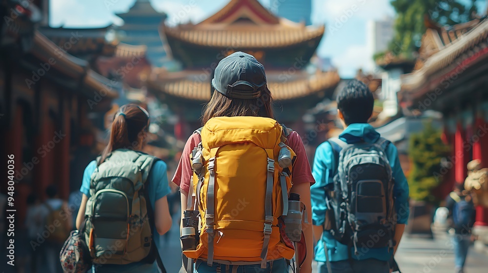 Fototapeta premium Backpack-clad tourists discovering the wonders of Asian architecture.
