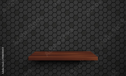 Vector realistic empty wooden shelf mockup. 3d dark wood shelf front view on black ceramic hexagon tiles wall background. Abstract minimal scene 3d interior for mock up. Product display scene template