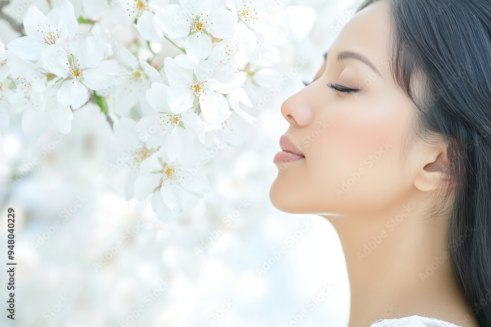 Serene woman enjoying the scent of spring blossoms Serene woman enjoying the scent of spring blossoms