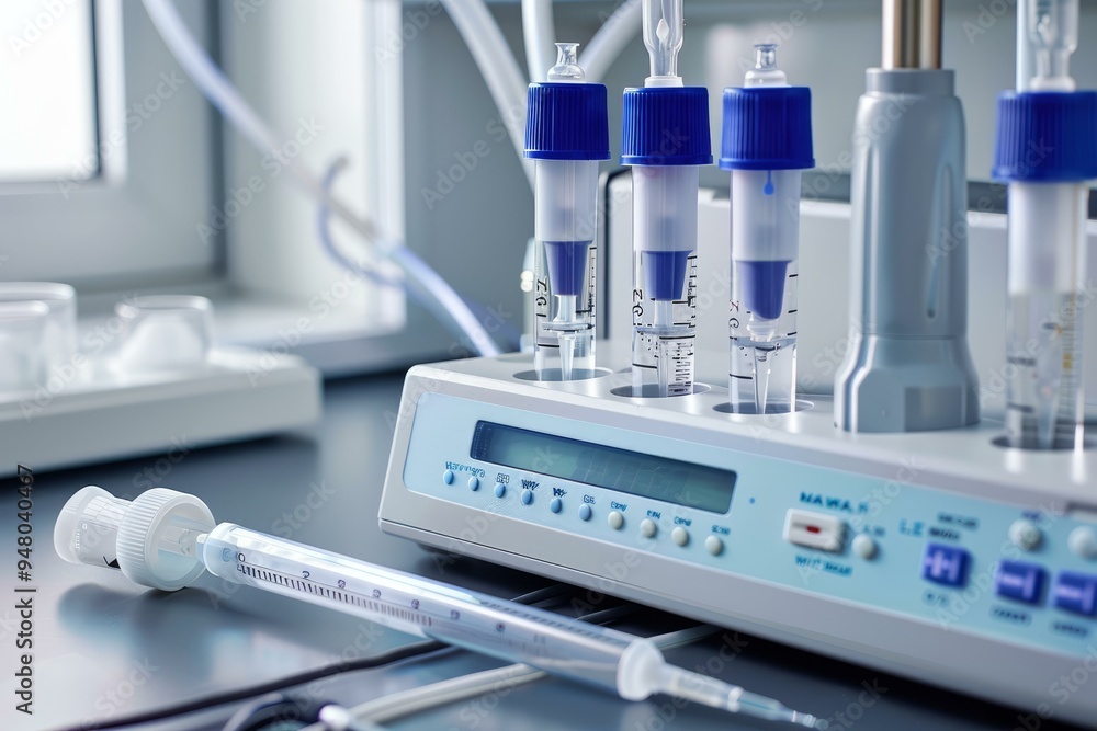 Close up of modern medical equipment analyzing samples in tubes in a laboratory setting Close up of modern medical equipment analyzing samples in tubes in a laboratory setting