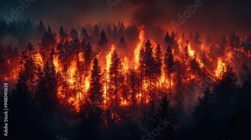 incredible photo of the forest after a big forest fire. black burnt trees. top view.