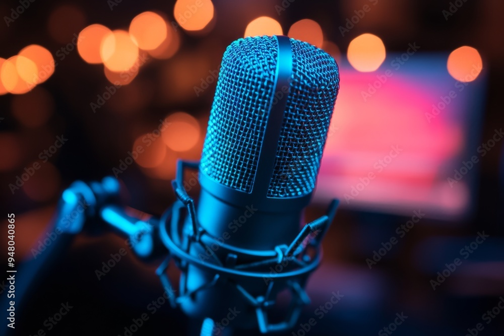 A microphone in a studio. Generative AI A microphone in a studio. Generative AI