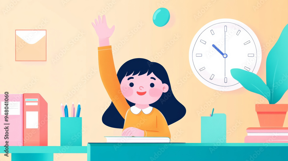 a cute child raising their hand to ask a question, sitting by a desk in school, flat illustration a cute child raising their hand to ask a question, sitting by a desk in school, flat illustration