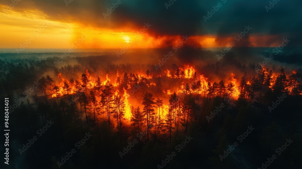 Fototapeta premium incredible photo of the forest after a big forest fire. black burnt trees. top view.