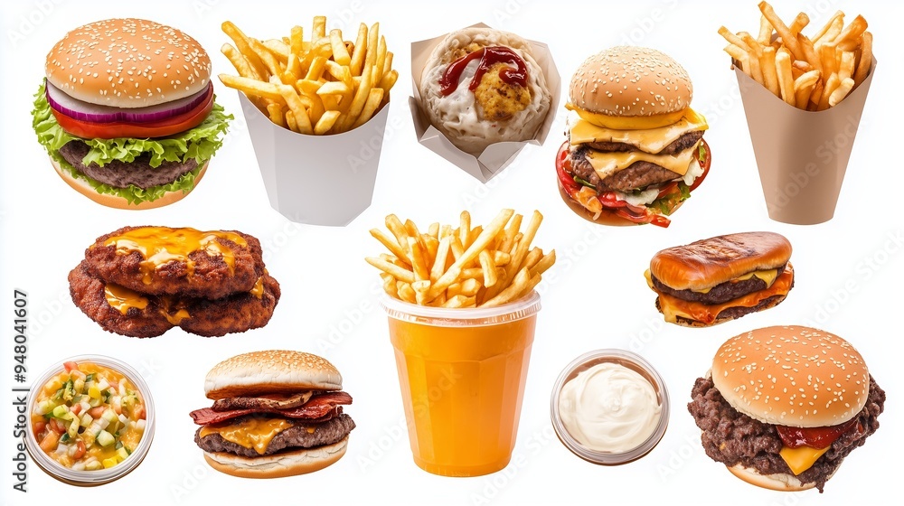 A delicious assortment of classic fast food items including burgers, fries, and chicken served in various styles and presentations A delicious assortment of classic fast food items including burgers, fries, and chicken served in various styles and presentations