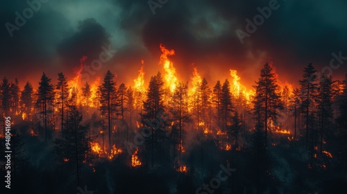 incredible photo of the forest after a big forest fire. black burnt trees. top view.