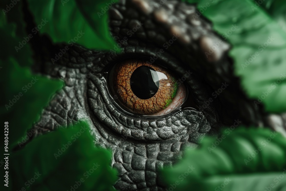 A detailed close-up image displaying an orange reptilian eye peering through green leaves, showcasing the scales and texture of the creature's skin vividly. A detailed close-up image displaying an orange reptilian eye peering through green leaves, showcasing the scales and texture of the creature's skin vividly.
