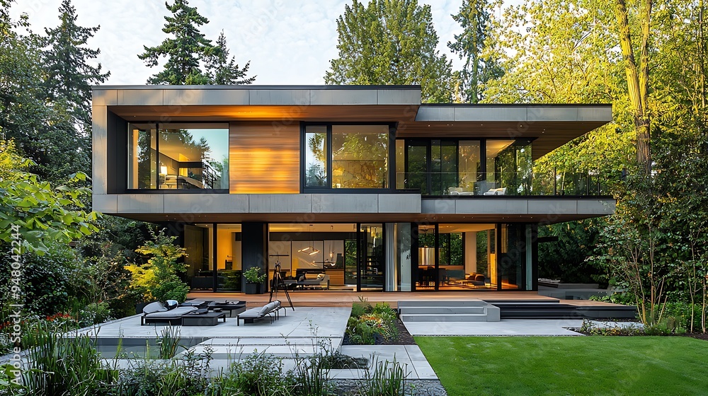 A modern house with expansive windows and a patio, nestled in a lush green landscape. A modern house with expansive windows and a patio, nestled in a lush green landscape.