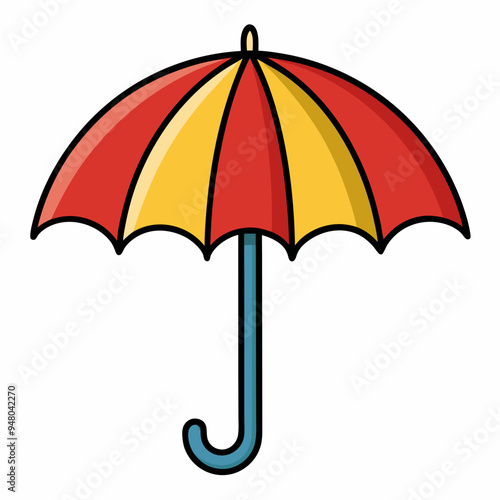 A red and yellow umbrella with a blue handle on white