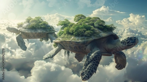 Giant turtles carrying lush sky gardens on their backs floating amidst ethereal clouds sunlight dappling through foliage photo