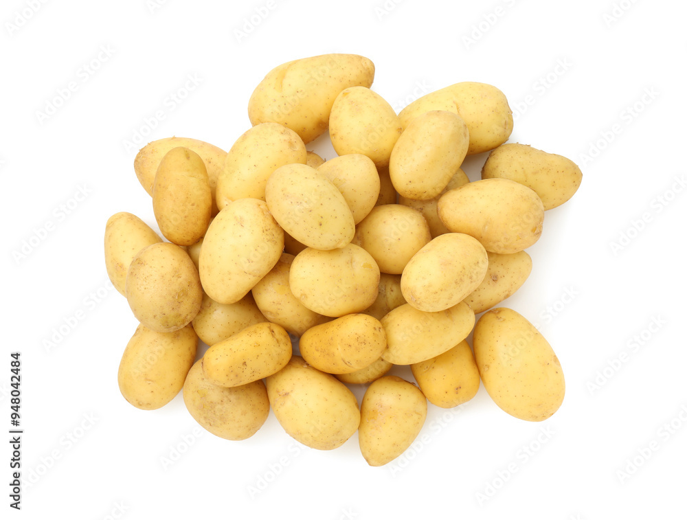 Pile of fresh young potatoes isolated on white, top view Pile of fresh young potatoes isolated on white, top view