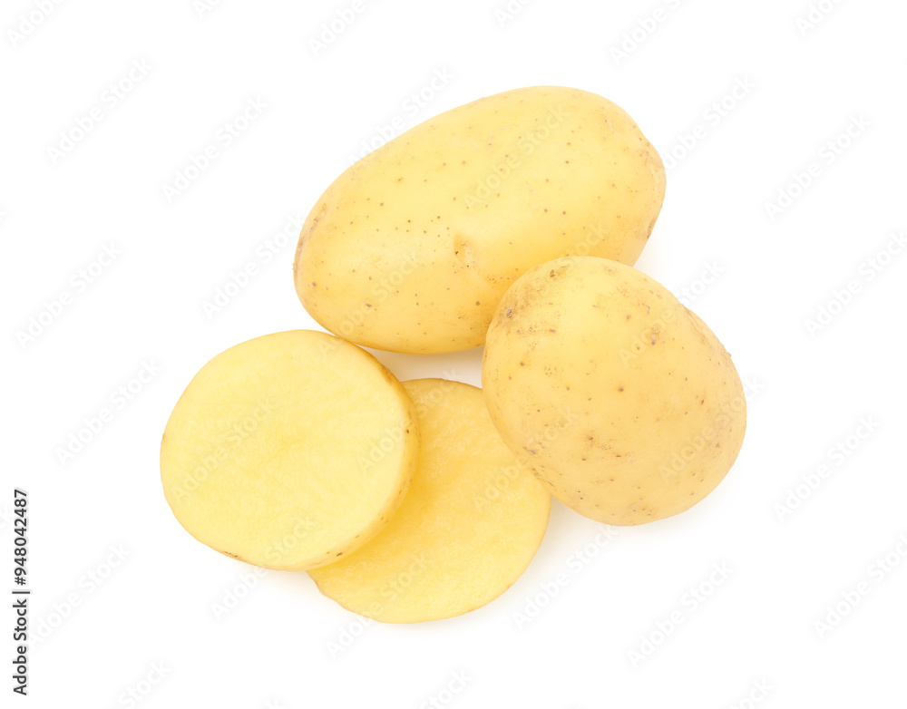 Fresh whole and cut potatoes isolated on white, top view Fresh whole and cut potatoes isolated on white, top view