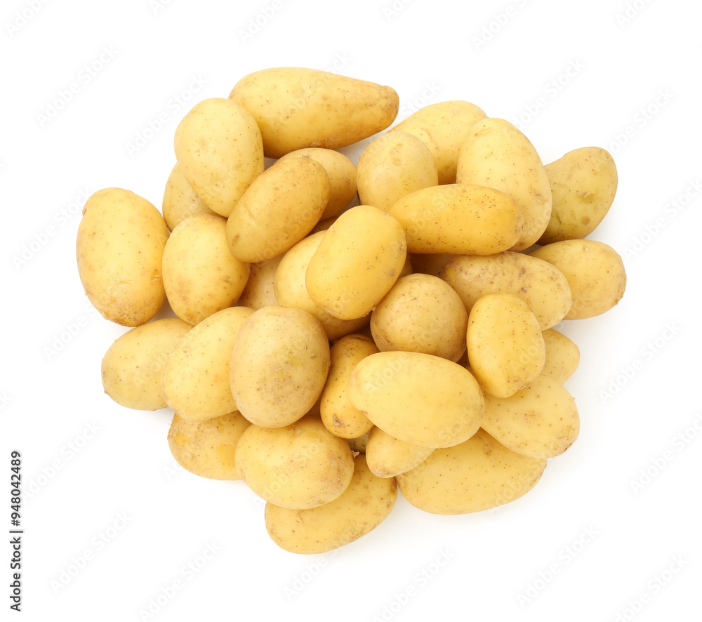 Pile of fresh young potatoes isolated on white, top view Pile of fresh young potatoes isolated on white, top view