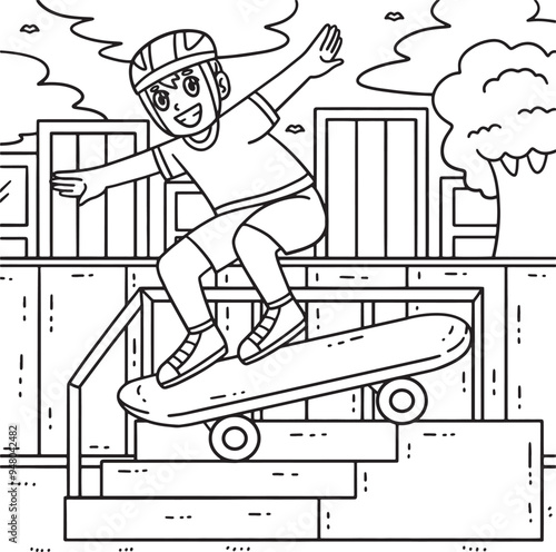 Skateboard Child Jumping Down Stairs Coloring Page