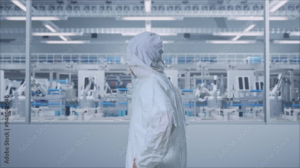 Side View Of Asian Male Scientist Putting Hands On His Hip And Looking Around In Modern Lab Factory with Automated Robots Side View Of Asian Male Scientist Putting Hands On His Hip And Looking Around In Modern Lab Factory with Automated Robots