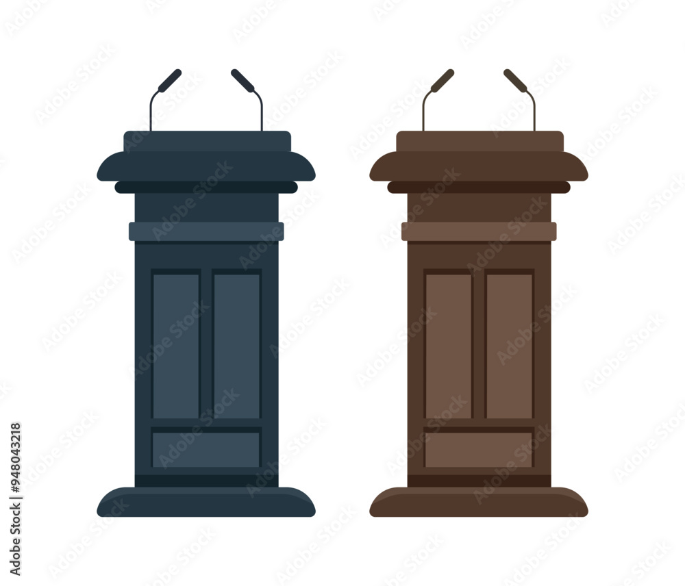 Two empty wooden podium tribune rostrum stand with microphones waiting for a speaker Two empty wooden podium tribune rostrum stand with microphones waiting for a speaker