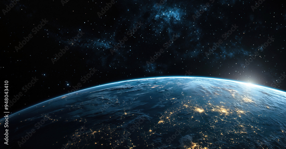 Obraz premium Earth from space with a star-filled sky, showcasing city lights on the planet surface and the vastness of the universe