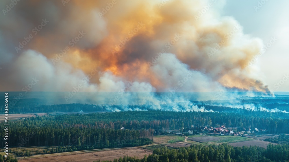 Fototapeta premium photo of a large fire in the suburbs. a lot of smoke top view.
