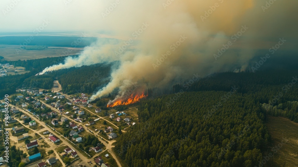 Fototapeta premium photo of a large fire in the suburbs. a lot of smoke top view.