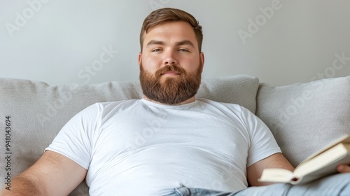 A plus-size man relaxing at home, sitting comfortably on a couch with a book or watching TV, feeling content and at ease, copy space