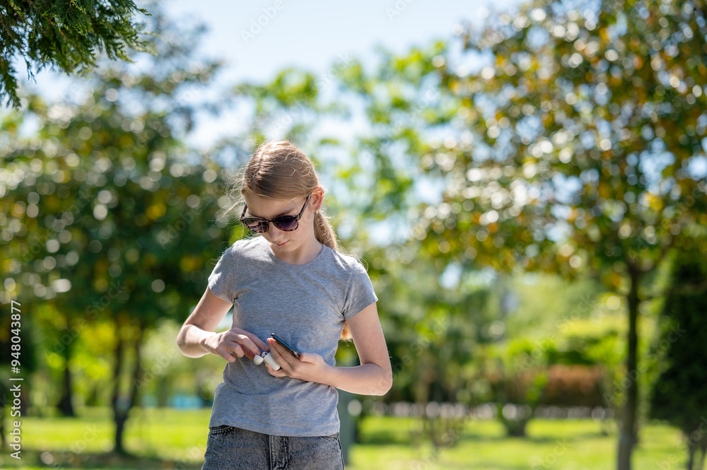Young girl in sunglasses holds smartphone and puts wireless headphones in case in city park Young girl in sunglasses holds smartphone and puts wireless headphones in case in city park