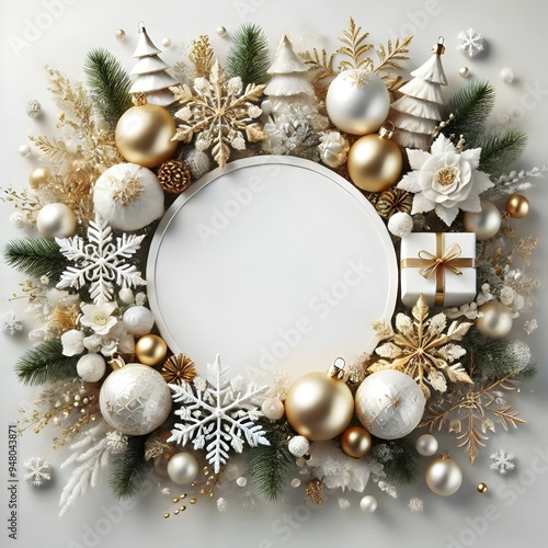Luxurious Gold and Silver Christmas Wreath Background with Snowflakes and Pinecones - Elegant Holiday Decoration for Festive Designs, Invitations, and Seasonal Backgrounds