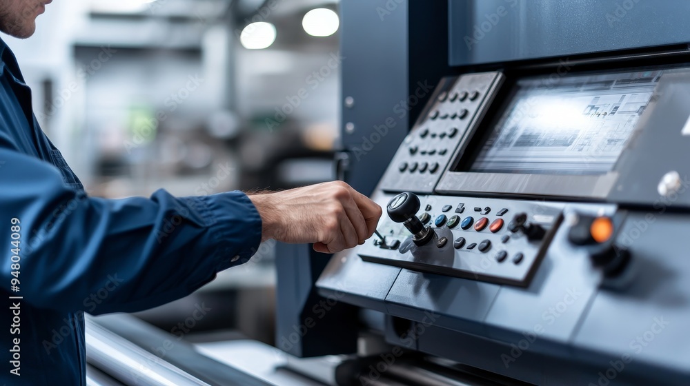 A printing press operator adjusting the controls on a large industrial machine, ensuring the print quality A printing press operator adjusting the controls on a large industrial machine, ensuring the print quality