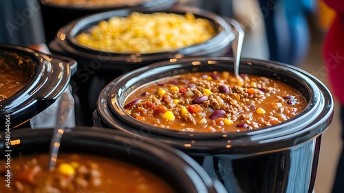 Friends having a potluck with crockpots of soup and chili
