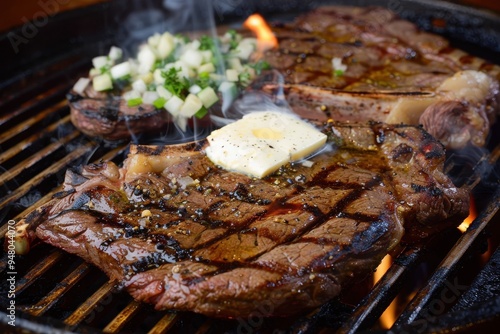 T-bone beef steak cooked to perfection over a flame grill and topped with a dollop of butter is a mouth-watering meal that satisfies any carnivore's cravings T-bone beef steak cooked to perfection ove photo