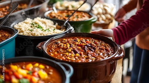 Friends having a potluck with crockpots of soup and chili