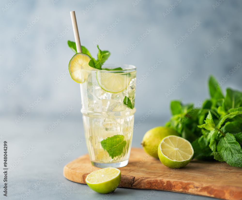 Mojito cocktail in a tall glass with lime, mint and ice on a wooden board on a blue textured background. Mojito cocktail in a tall glass with lime, mint and ice on a wooden board on a blue textured background.