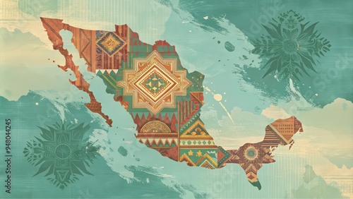 Abstract Geometric Map of Mexico with Ornamental Patterns