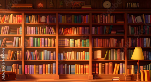 An Illustration of an Old Library with Wooden Bookshelves and Dim Lighting, Creating a Cozy and Historic Atmosphere with Stacks of Books and Ornate Decorations 