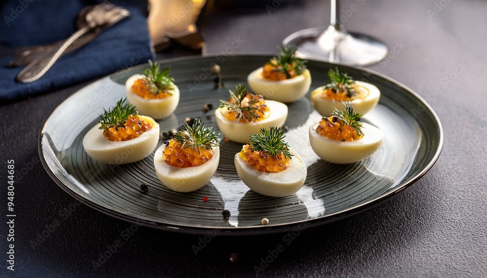 Stuffed quail eggs with caviar and a light champagne vinaigrette Stuffed quail eggs with caviar and a light champagne vinaigrette
