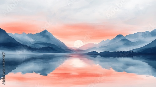 A sunset watercolor painting of a serene mountain lake.