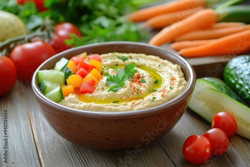 Hummus Dip with Olive Oil, Paprika, and Fresh Vegetables photo