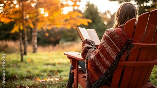 Person reading a book in an Adirondack chair with a cozy throw