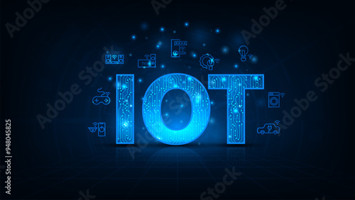 Internet of Things concept. Icons representing smart devices and connected technology. Futuristic blue digital background.