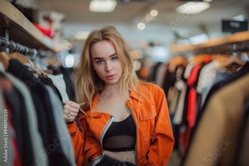 Spoiling Herself With New Cothes An attractive female standing in a clothes store with rails of clothing hanging around her. The woman is holding a clothes hanger with an orange garment on. photo