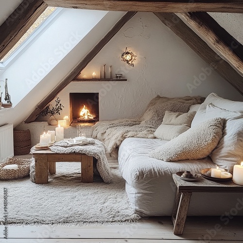 Cozy Attic Retreat: Tranquil winter evening in a rustic attic bedroom, aglow with fireplace warmth and candlelight. 