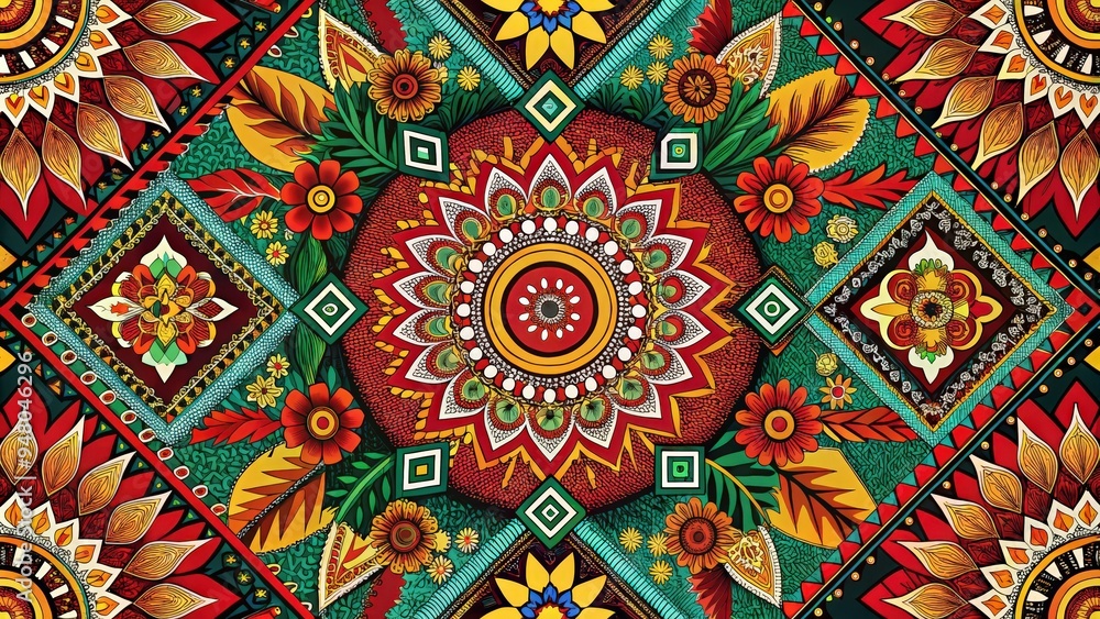 Fototapeta premium Colorful Floral Mandala Pattern with Geometric Designs