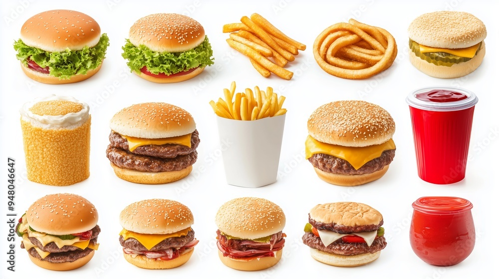 A tempting spread of various hamburgers, fries, and drinks arranged on a clean white background, ideal for fast food cravings A tempting spread of various hamburgers, fries, and drinks arranged on a clean white background, ideal for fast food cravings