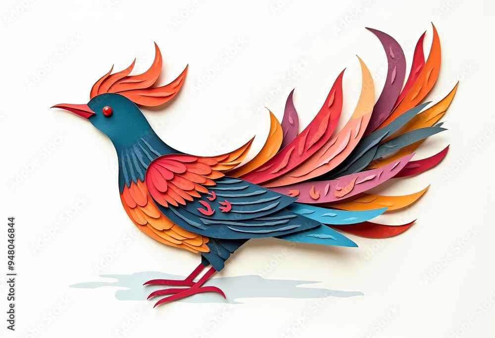 Fototapeta premium Whimsical Papercut Bird: A Colorful and Abstract Illustration with Wavy Feathers