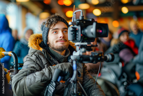 A man with a camera is filming a crowd of people