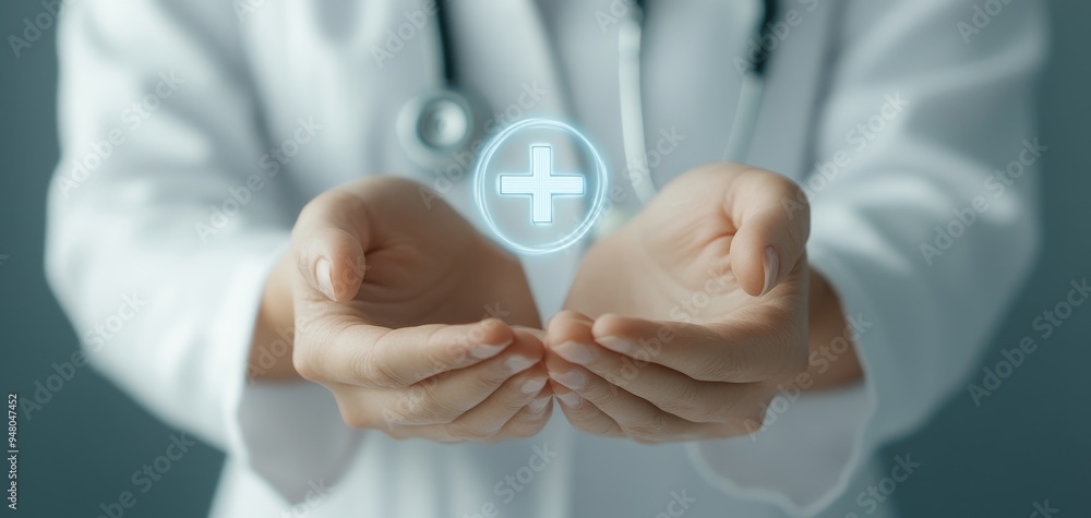 Medical professional presenting a healing symbol with hands, emphasizing care and compassion in healthcare. Medical professional presenting a healing symbol with hands, emphasizing care and compassion in healthcare.