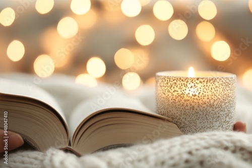 Cozy scene featuring an open book, soft candlelight, and dreamy bokeh lights, perfect for relaxation and inspiration.