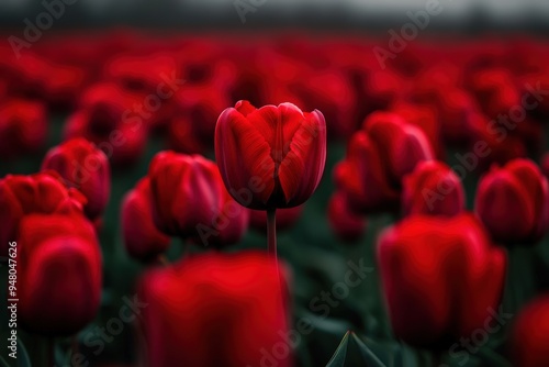 A vibrant field filled with red tulips, featuring one prominently focused flower standing out against a backdrop of green stems and rich blooms, symbolizing individuality and beauty. photo