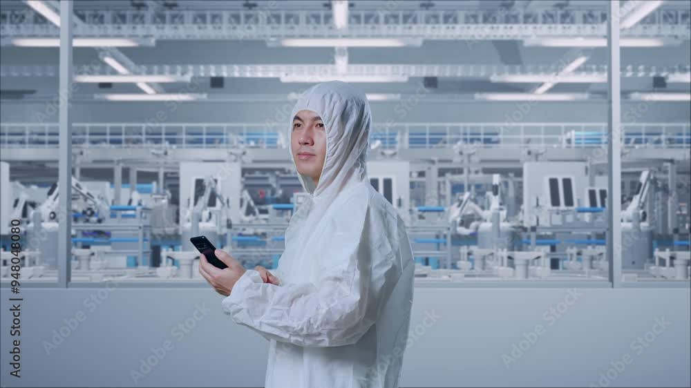 Side View Of Asian Male Scientist Using Smartphone And Look Around While Standing In Modern Lab Factory with Automated Robots Side View Of Asian Male Scientist Using Smartphone And Look Around While Standing In Modern Lab Factory with Automated Robots