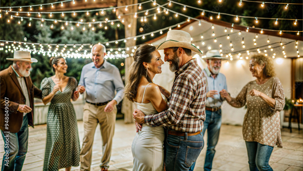 Fototapeta premium Couple enjoys a romantic dance under string lights at a lively outdoor gathering at night