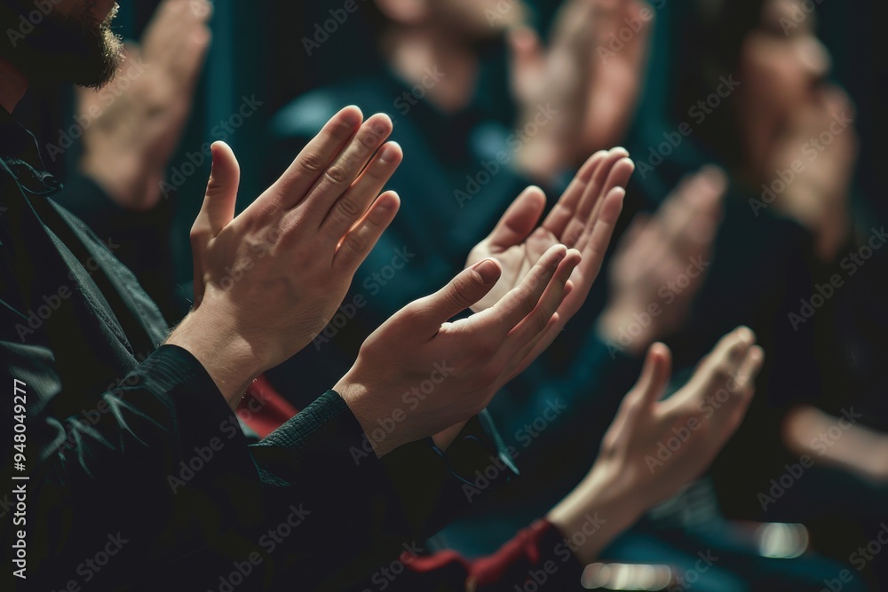 Audience applauding in the theater Group of people clapping hands in the theater, close up of hands. Dark tone. Audience applauding in the theater Group of people clapping hands in the theater, close up of hands. Dark tone.